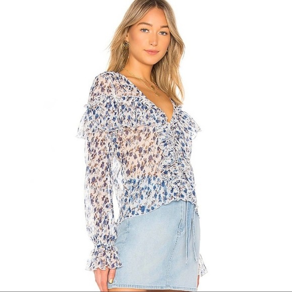 MAJORELLE Floral Ruffle Blouse in Blue and White - Picture 2 of 5